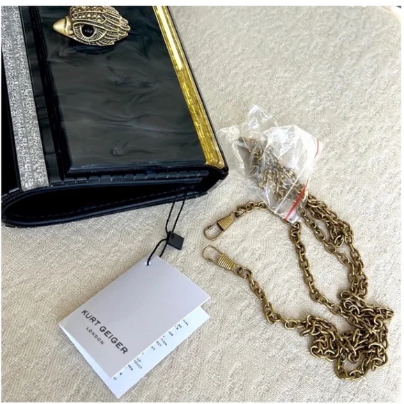 KURT GEIGER NWT BLACK MOTHER OF PEARL  glitter Party clutch on chain black - Picture 14 of 15